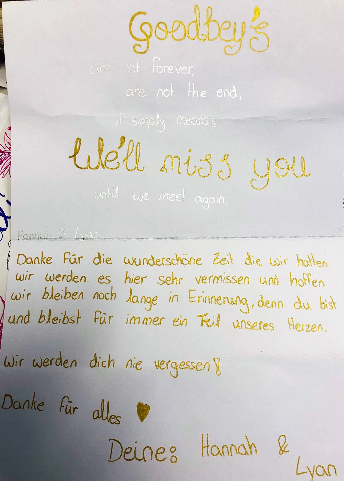 Handwritten farewell words from Hannah and Lyan to Lilia
