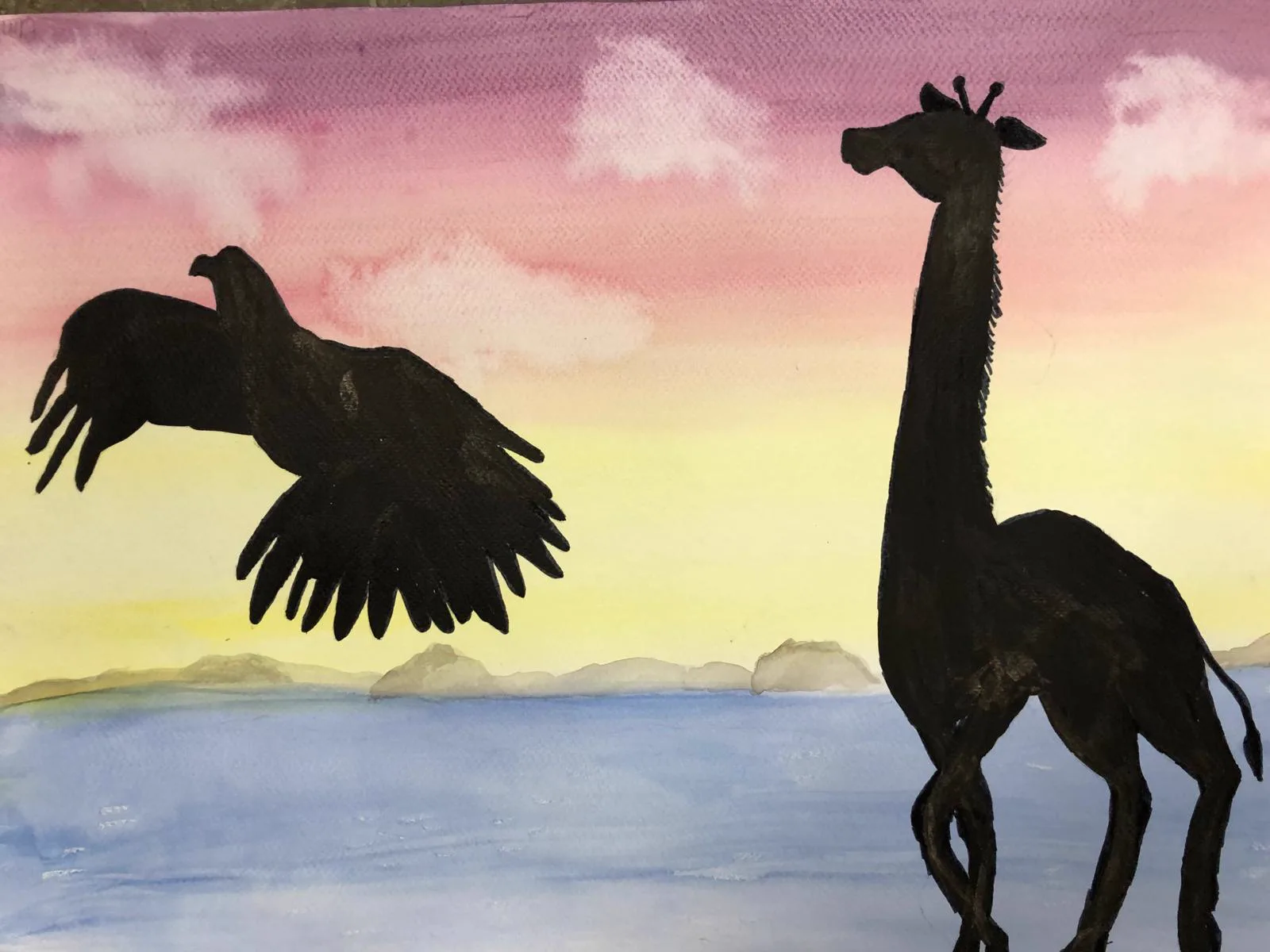 Aquarell mit schwarzen Tiersilhouetten von Elina Daj, 11 Jahre