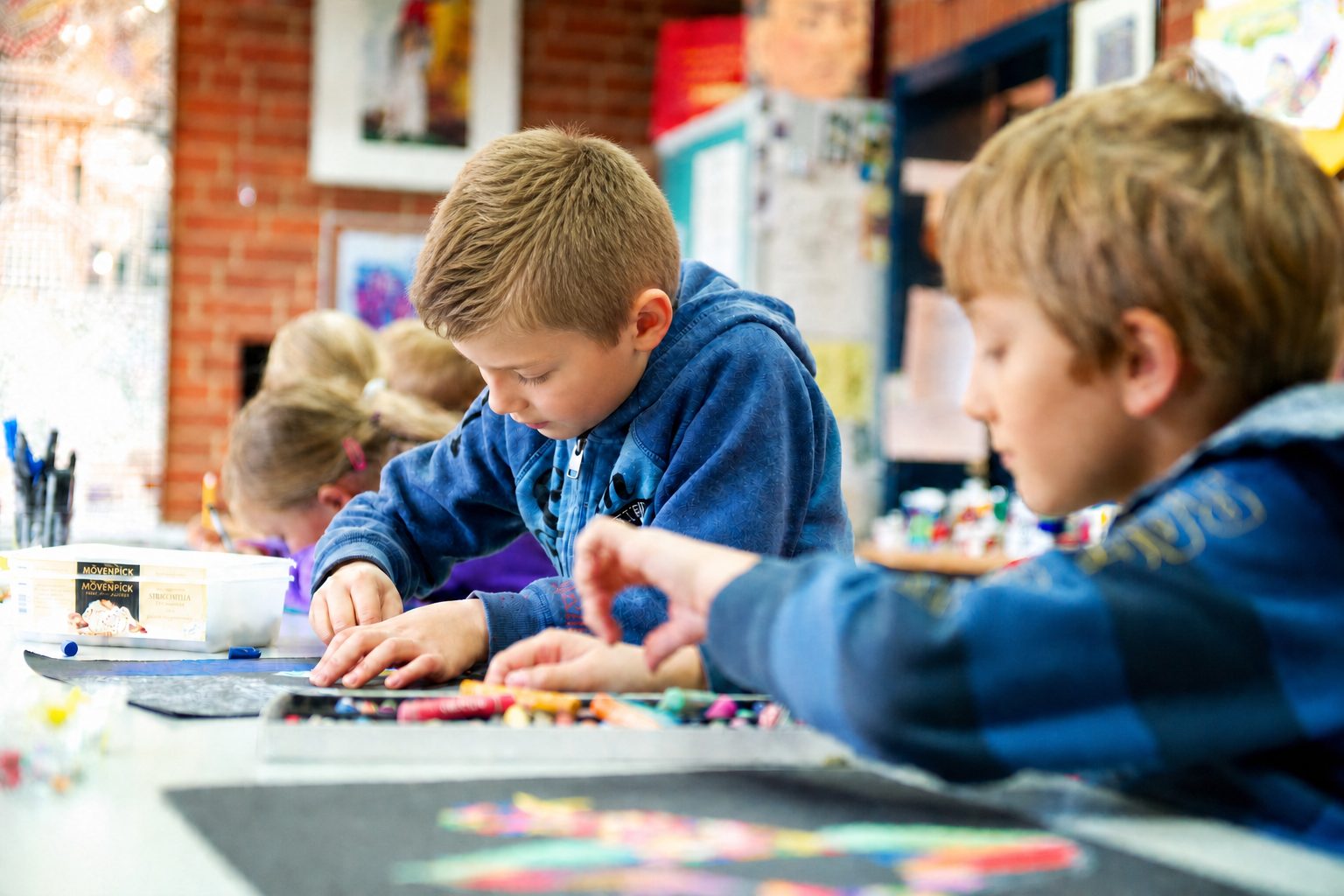 Kinder arbeiten konzentriert mit farbigen Stiften und Kreiden