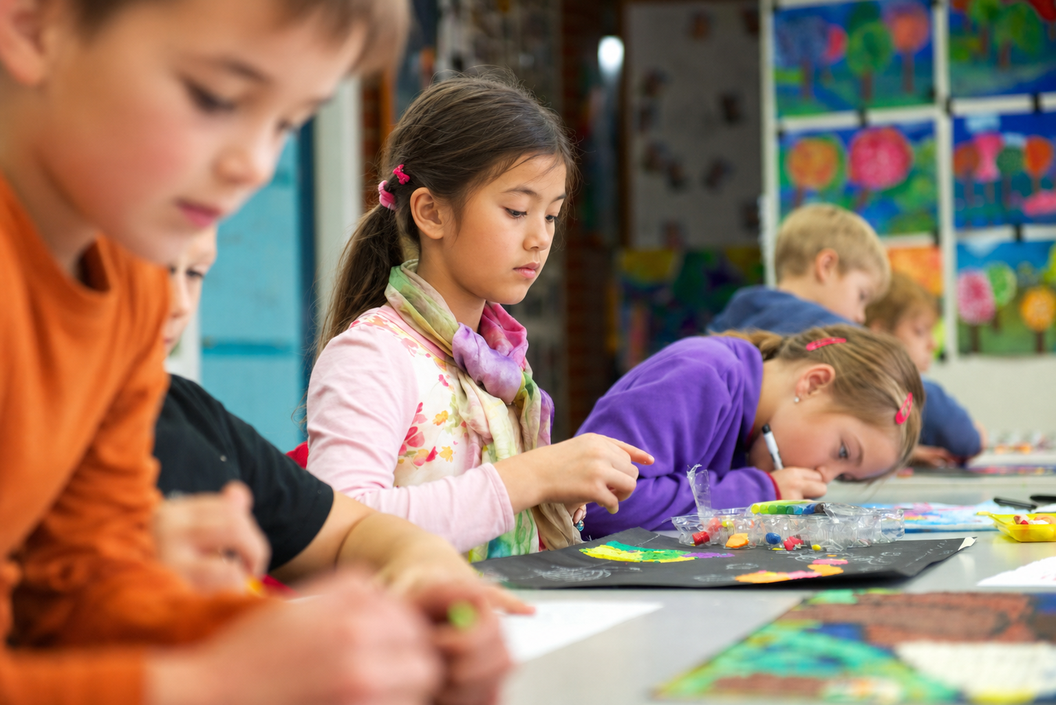 Kinder arbeiten mit unterschiedlichen Materialien an ihren Bildern