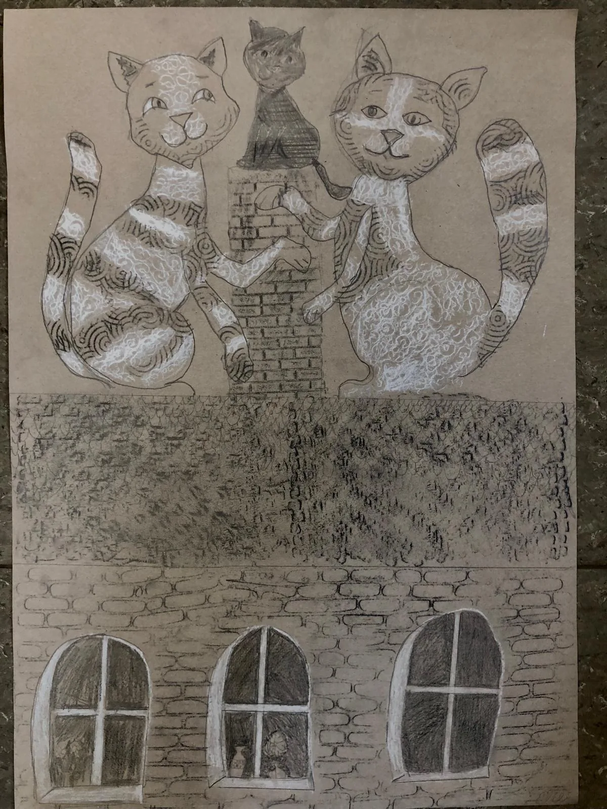 Schülerarbeit von Eleanor Osetinskij, 10 Jahre, mit drei Katzen auf einem Dach