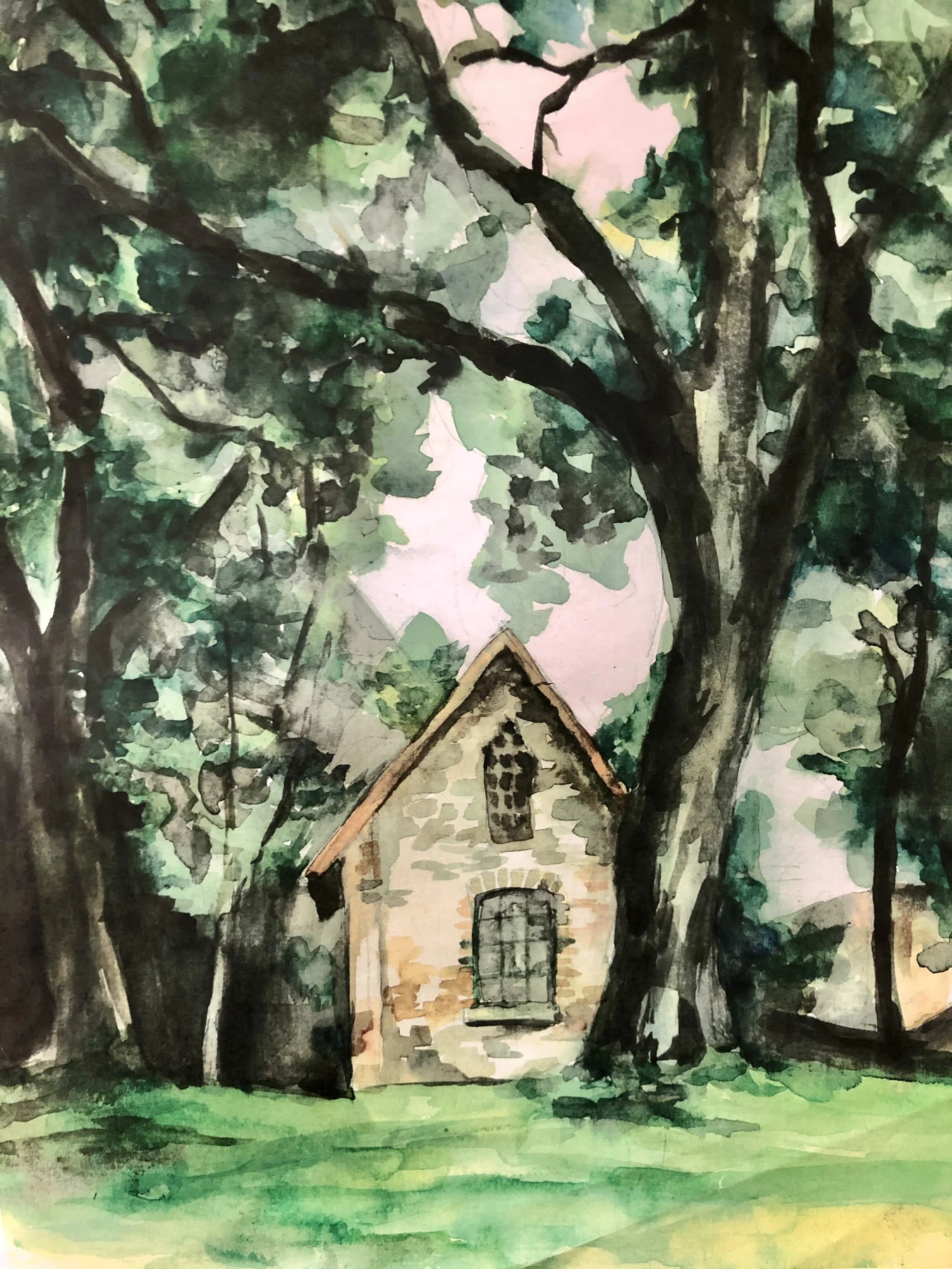 Aquarell der Klosterkirche Schinna zwischen hohen Bäumen