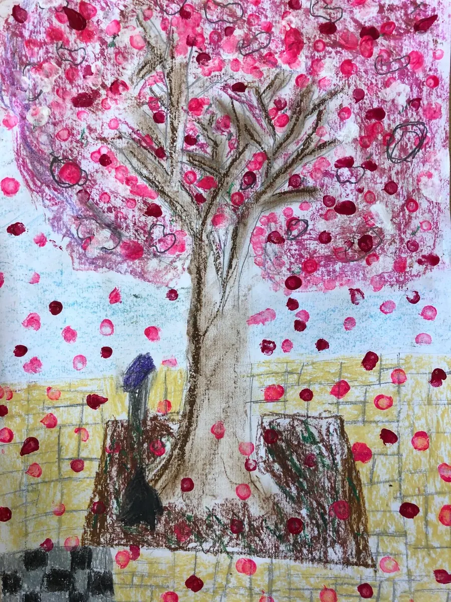 Schülerarbeit: blühender Kirschbaum mit fallenden Blüten