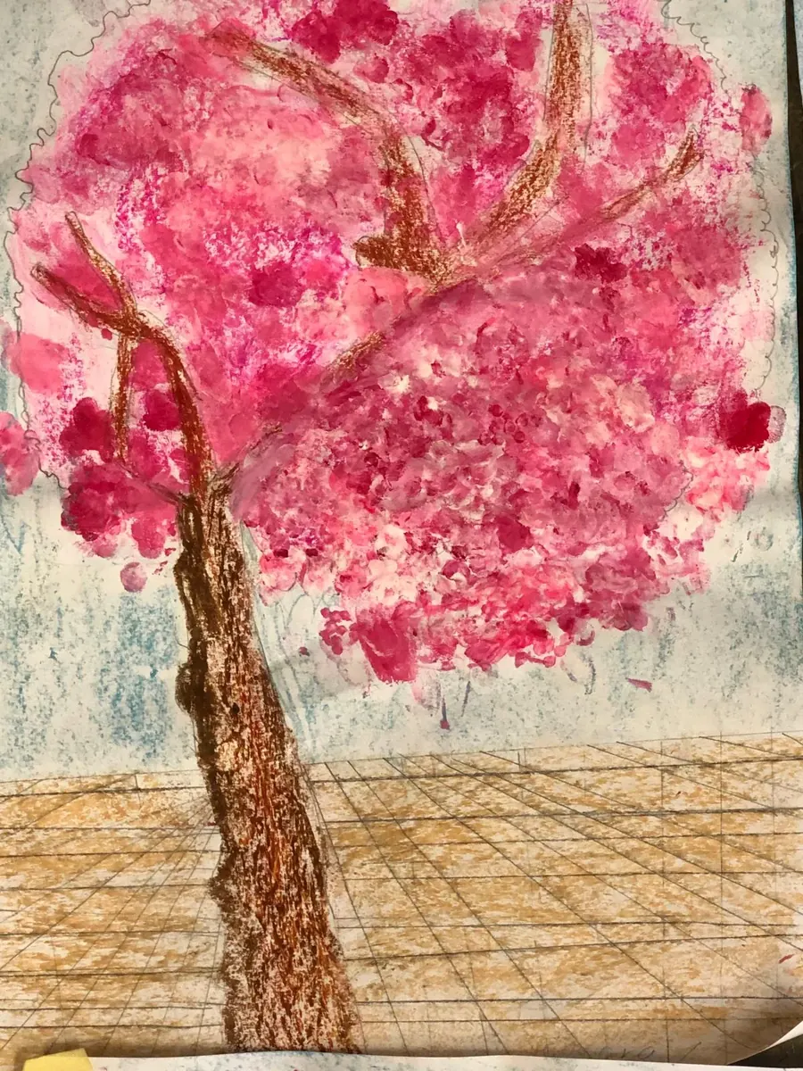 Schülerarbeit: Kirschbaum in warmen Rosa- und Brauntönen