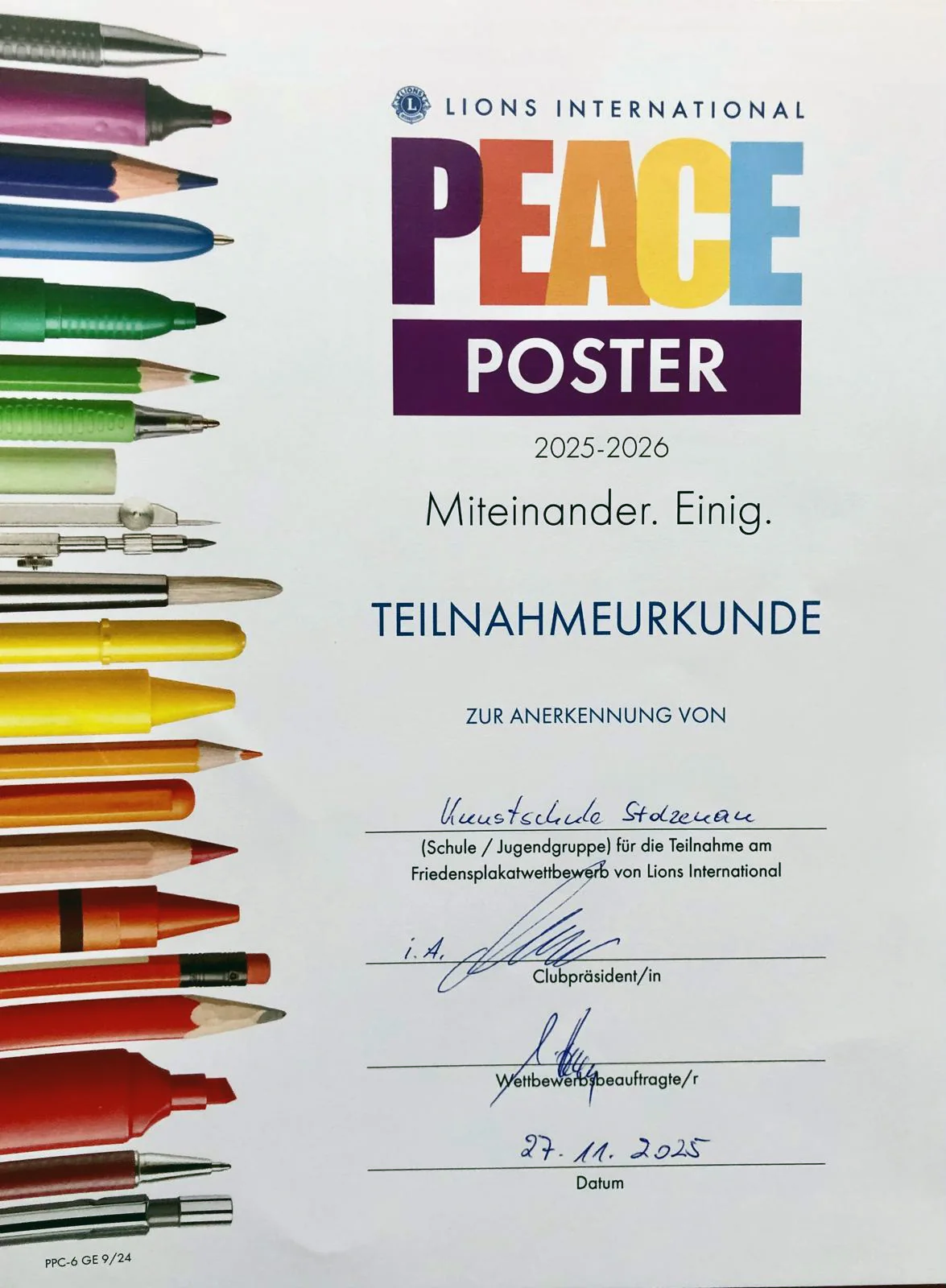 Teilnahmeurkunde der Kunstschule Stolzenau vom 27. November 2025